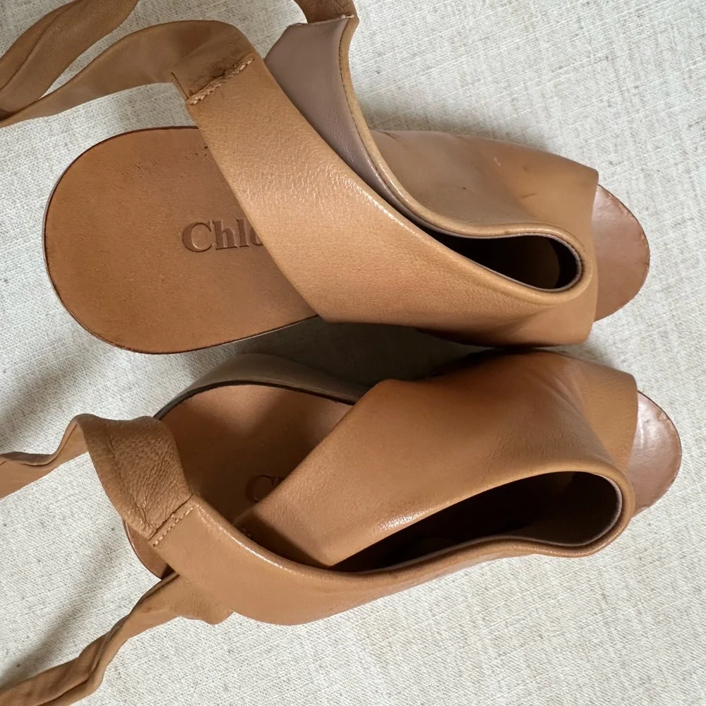 Chloe Tan Leather Ankle-Tie Platform Wedges